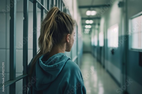 Female prisoner in a cell block photo