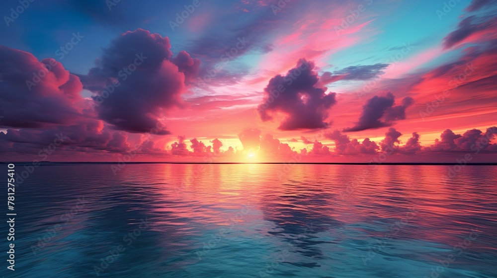 Captivating moment of the sun setting over the ocean, surrounded by a spectacle of pink and blue clouds