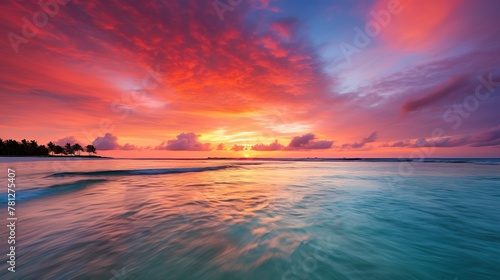 A dynamic snapshot of a brilliant beach sunset with the sun dipping into the ocean and colorful clouds © Damerfie
