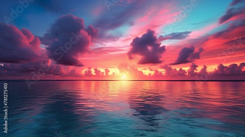 Captivating moment of the sun setting over the ocean  surrounded by a spectacle of pink and blue clouds