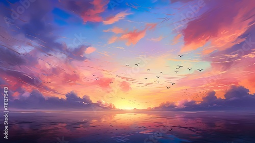 A serene digital painting of birds flying over wetland during a colorful sunset