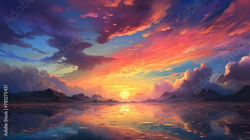 A tranquil scene with the sun setting amidst mountains  reflecting vibrant colors on water