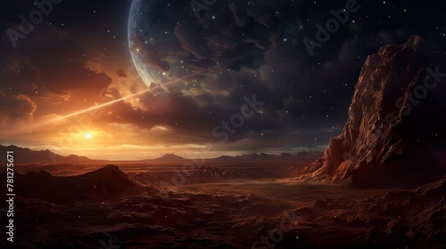 The breathtaking digital art portrays a vast alien landscape under a gigantic moon with stars dotting the night sky  creating a sense of wonder and exploration