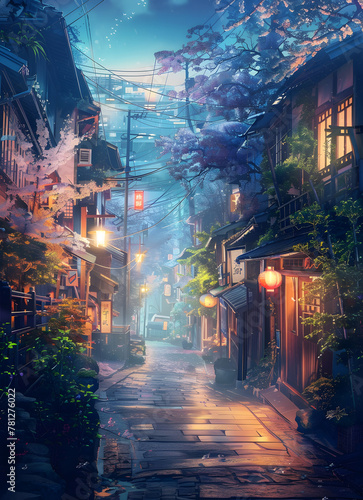 Atmospheric alleyway with buildings and trees, lit by electric blue city lights © Nadtochiy