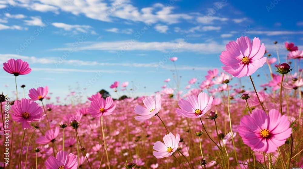 Vibrant pink cosmos flowers in bloom, with a close view of their delicate petals against the sky