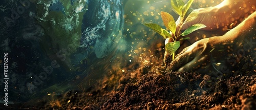 Close-up of soil in hands planting a sapling, with Earth visible in the backdrop, a metaphor for planting hope and fostering global sustainability.