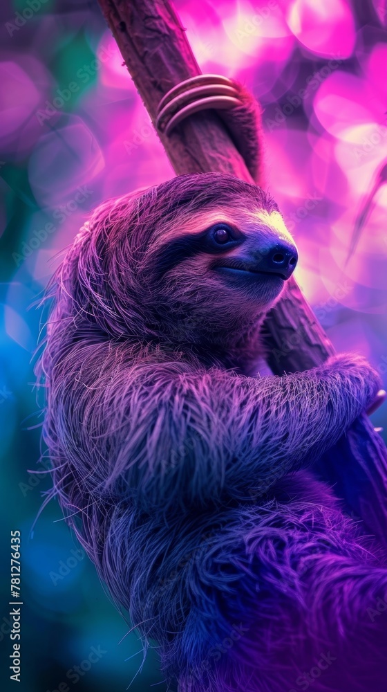 Naklejka premium This sloth, captured against a vibrant backdrop of purple and blue hues, clings to a branch in its natural habitat.