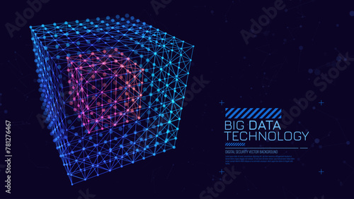 Big Data 3D Cube. Quantum Computer CPU Core Virus Concept Background. Red Cube Inside Blue Block. 3D Blockchain Cube Blocks Concept. Data Sorting. Artificial Intelligence HUD Design Element.
