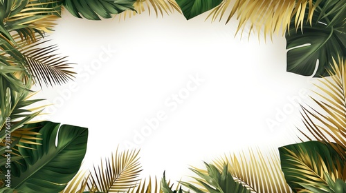 Various types of tropical leaves including palm and ferns are spread out on a clean white surface