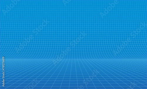 Blue Glowing Grid of Curved 3D Stage. Perspective Grid. Wide Blueprint Texture. VR Virtual Reality Cyberspace Background. Vector Illustration.