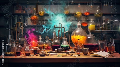 A mystical scene featuring an alchemist's table with various glass containers emitting colorful smoke in a vintage setting
