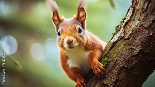 Adorable red squirrel with big eyes and fluffy ears on a tree branch in natural setting