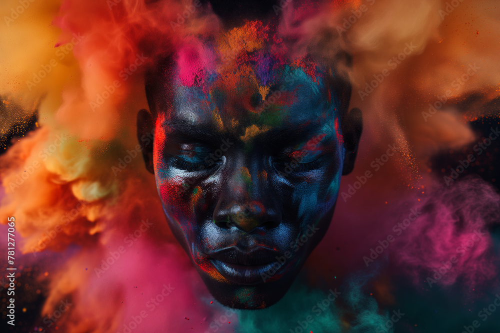 AI Generated Image. African man face surrounded by colorful powder paint explosion AI Generated Image. African man face surrounded by colorful powder paint explosion