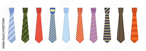 Men accessories ties fashioned. Big colored set neckties different types. Set of various colored ties isolated on white background. Collection men icons. Vector illustration