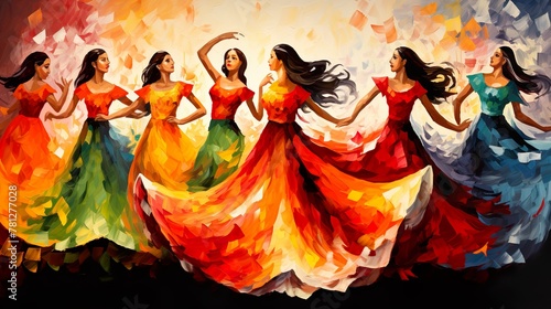 The dynamic painting shows a circle of dancing women in dresses that seem to blend with a fiery, colorful background