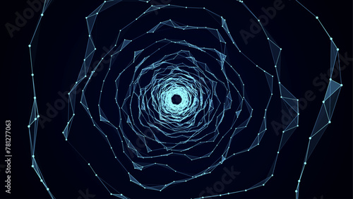 Vector cyber futuristic speed tunnel. Sci-fi blue wormhole. Abstract 3D wireframe portal with connections lines and dots. Data flow. Technology grid funnel.