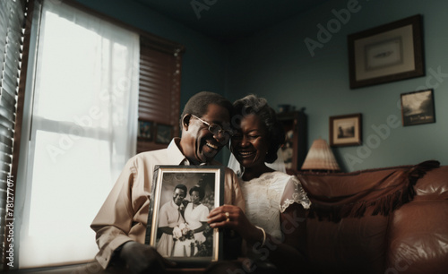 AI Generated Image. Happy senior African American couple holding vintage wedding photograph of their younger self photo