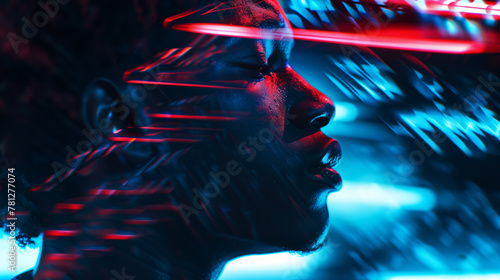 Futuristic profile portrait with neon lighting effects. Generative AI image photo