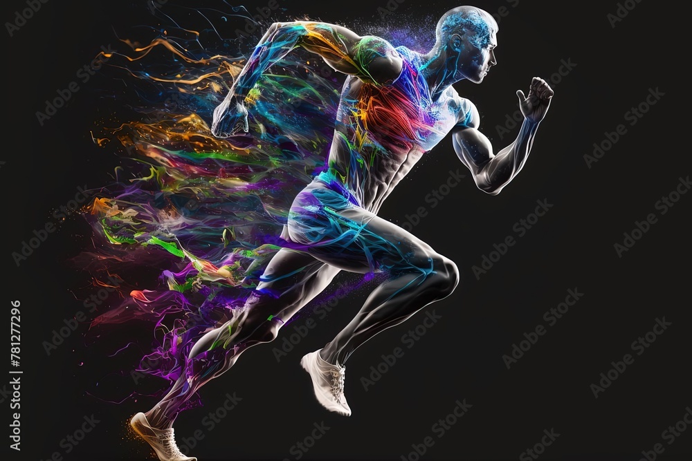 Exaggerated Digital Art Man Running with Colored Smoke and Glowing Veins