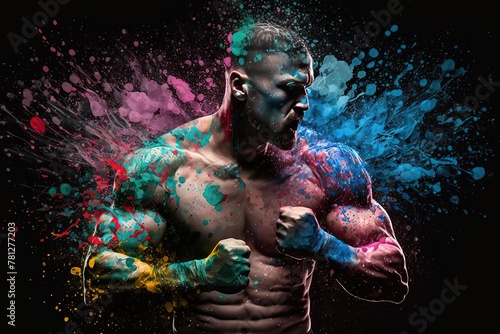 Artistic Portrait of a Man with Paint All Over His Body - Colorized Photo of a Muscular Fighter