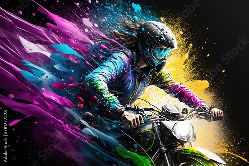 Striking and Vibrant Picture of a Woman Riding on the Back of a Dirt Bike - Action Painting and Splashes of Colors