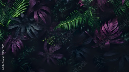 Lush tropical leaves in dark hues with rich purple and magenta accents  creating a mysterious and luxurious feel