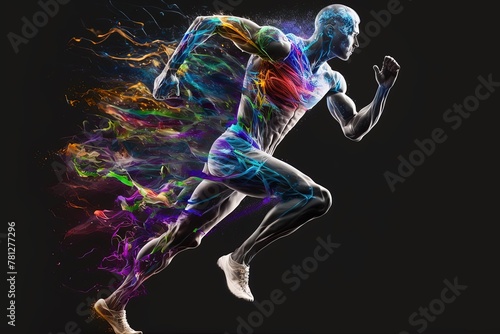 Exaggerated Digital Art Man Running with Colored Smoke and Glowing Veins © João Queirós
