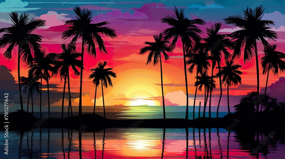 Vibrant sunset with silhouette palm trees reflecting in water, creating a serene tropical scene