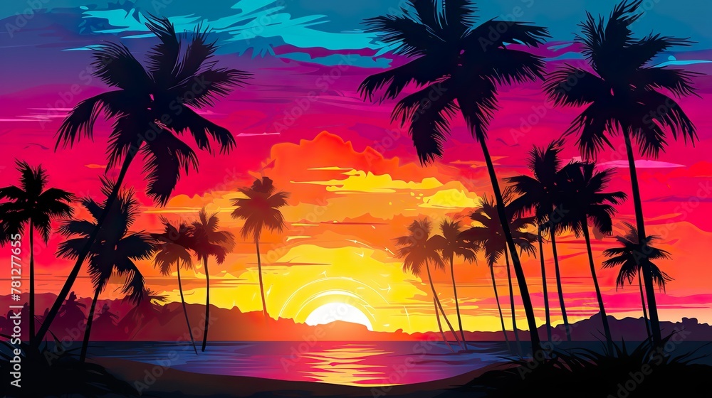 A striking scene depicts silhouetted palm trees against a vibrant sunset with hues of pink, purple, and orange dominating the background