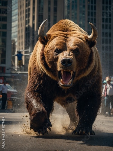 Massive, enraged bull with sharp, curved horns, muscular build charging through city street, causing panic, chaos. Dust kicked up from powerful hooves pounding against pavement.