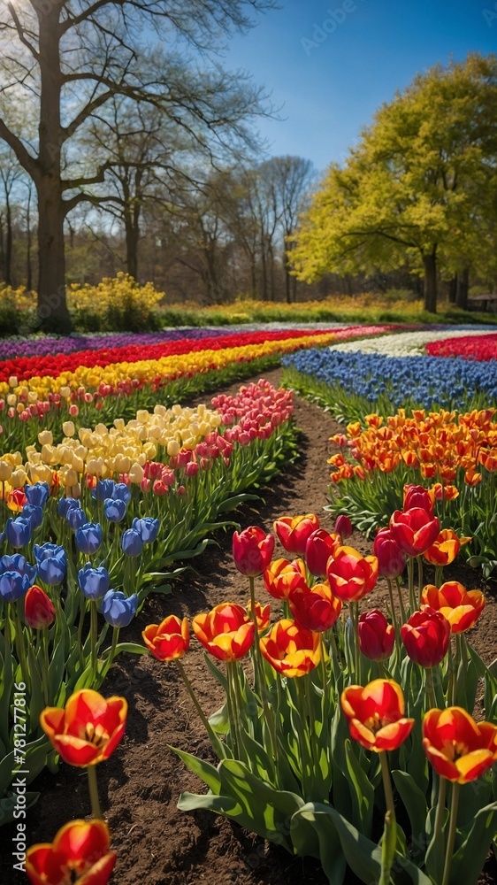 Vibrant, colorful garden of tulips in full bloom stretches out, capturing essence of spring in all its glory. Flowers arranged in neat rows, each flaunting different hue - red, yellow, blue,.