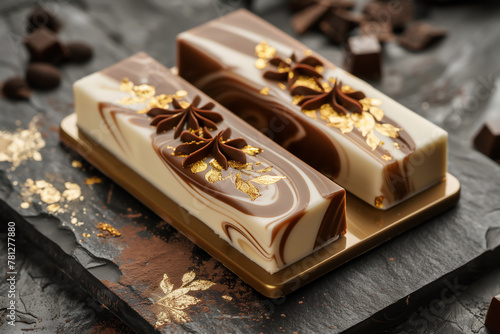 Belgian chocolate with white, gold and brown swirls, decorated with anise stars. Confectionery gourmet on a dark background