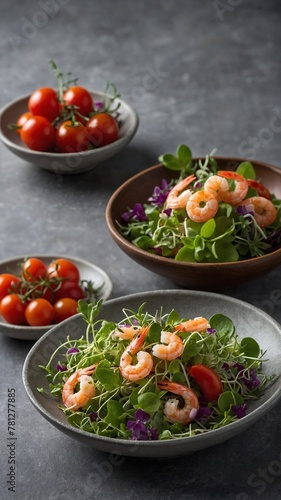 Vibrant display of fresh salads garnished with succulent shrimp captures essence of healthy, delightful meal. In foreground, grey bowl holds colorful mix of green leaves, purple flowers,.