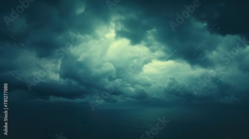 Dark and foreboding storm clouds loom over a wildly turbulent ocean, capturing the raw power of nature photo