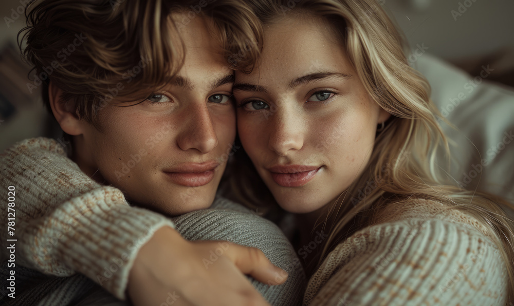 Cute young couple cuddling on a big cozy couch