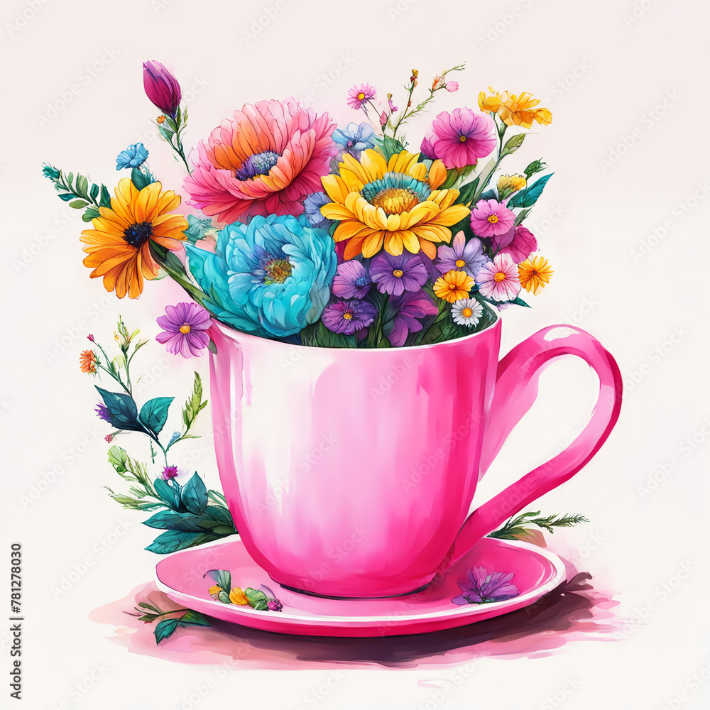 a bouquet of beautiful wildflowers in a pink tea cup. illustration. artificial intelligence generator, AI, neural network image. background for the design. a bouquet of beautiful wildflowers in a pink tea cup. illustration. artificial intelligence generator, AI, neural network image. background for the design.