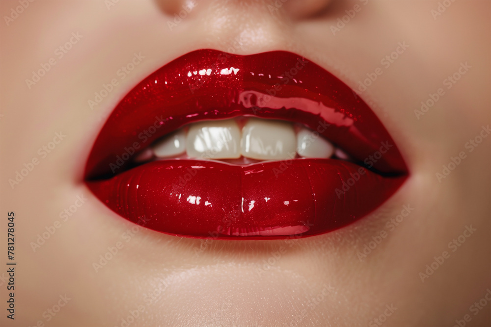 Close-up of glossy red lips with shimmering lip gloss. Generative AI image Close-up of glossy red lips with shimmering lip gloss. Generative AI image