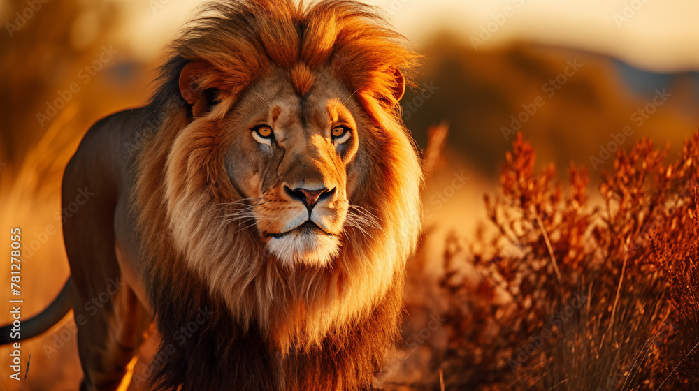 Fototapeta premium Majestic Lion in the Warm Light of Sunset