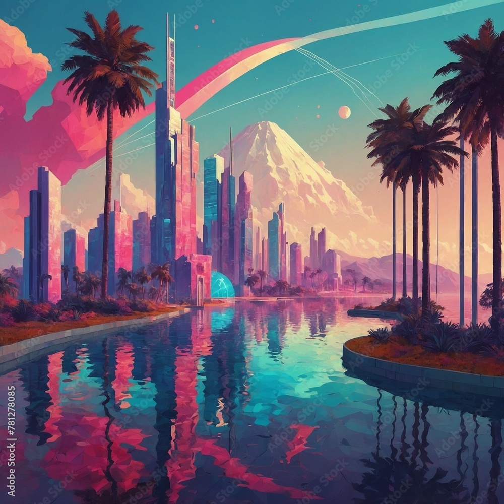 Obraz premium Vibrant, colorful cityscape, seemingly from future, captured at moment of sunset, sunrise. Skyscrapers, modern in design, stand tall, adorned with lights. In foreground.