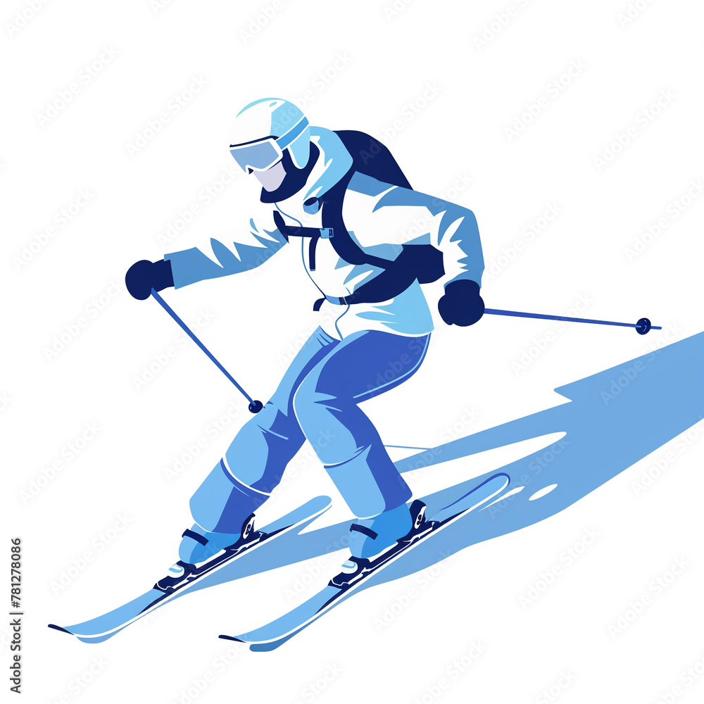 Fototapeta premium sportsperson Skis having fun playing blue white tone cartoon 2D illustration on white background Looks minimalist.