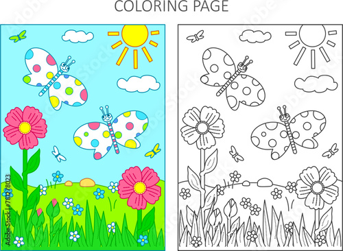 Coloring page with a sample. Spring and outdoor scene with two butterflies and flowers.
