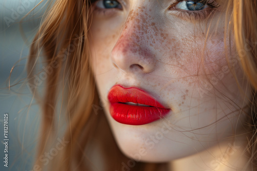 Close-up of woman with freckles and red lipstick. Generative AI image