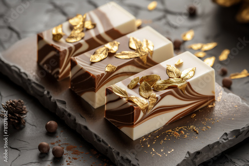 Belgian chocolate with white, gold and brown swirls, decorated with golden leaves. Confectionery gourmet on a dark background