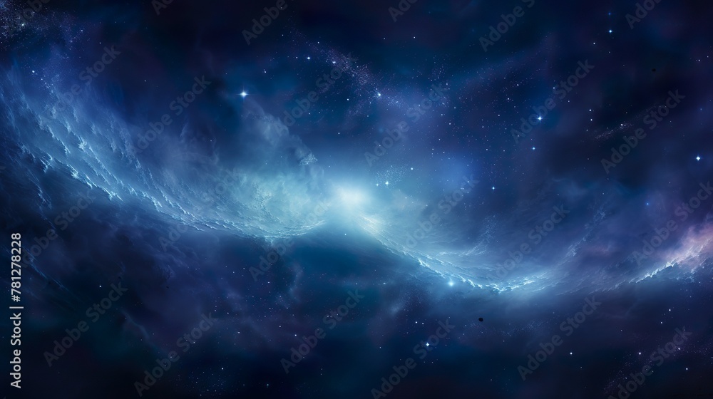 Ethereal blue nebula clouds swirl amidst twinkling stars, creating a sense of depth and the mysteries of the universe