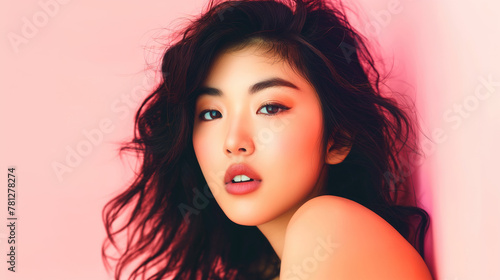 Dark and Alluring, Effortless Elegance, A Portrait of a Young Asian Woman with Dark Wavy Hair, Generative AI