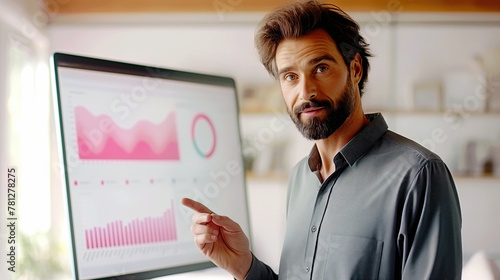 Achieving Goals, Corporate Male Worker Pointing to Show Company Growth on Monitor Screen, Generative AI