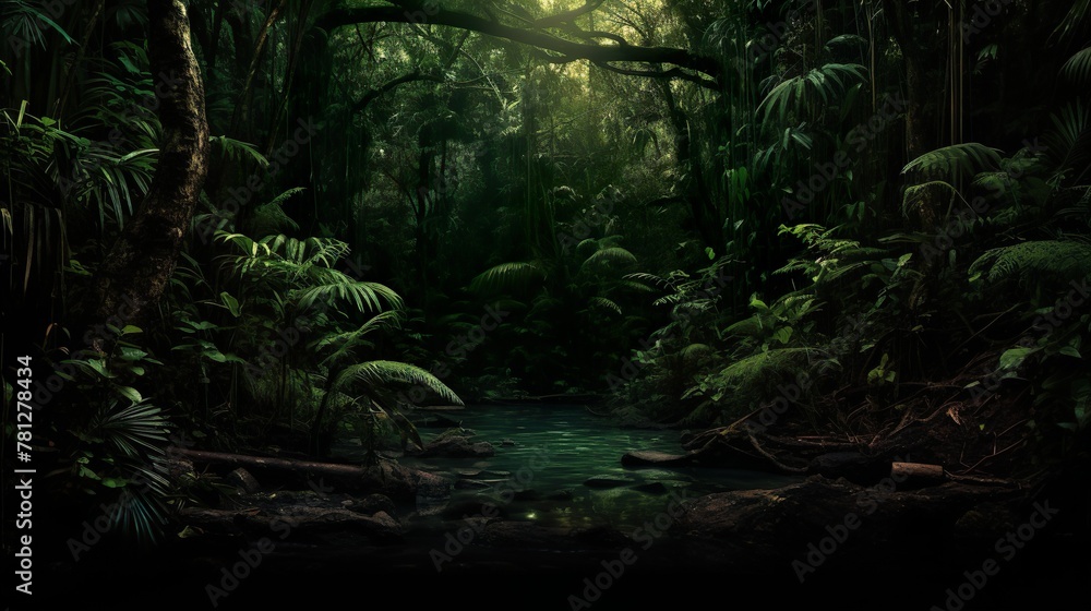 An evocative image of a verdant forest landscape with a winding river, bathed in the soft glow of natural light