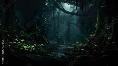 Fototapeta Naklejka Na Ścianę i Meble -  This atmospheric image captures a dense, lush jungle with fog rolling through it, giving it a mysterious and exotic ambiance