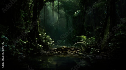 A serene river making its way through the dense flora of a tropical forest  captured in tranquil  enchanting lighting
