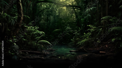 An evocative image of a verdant forest landscape with a winding river, bathed in the soft glow of natural light photo